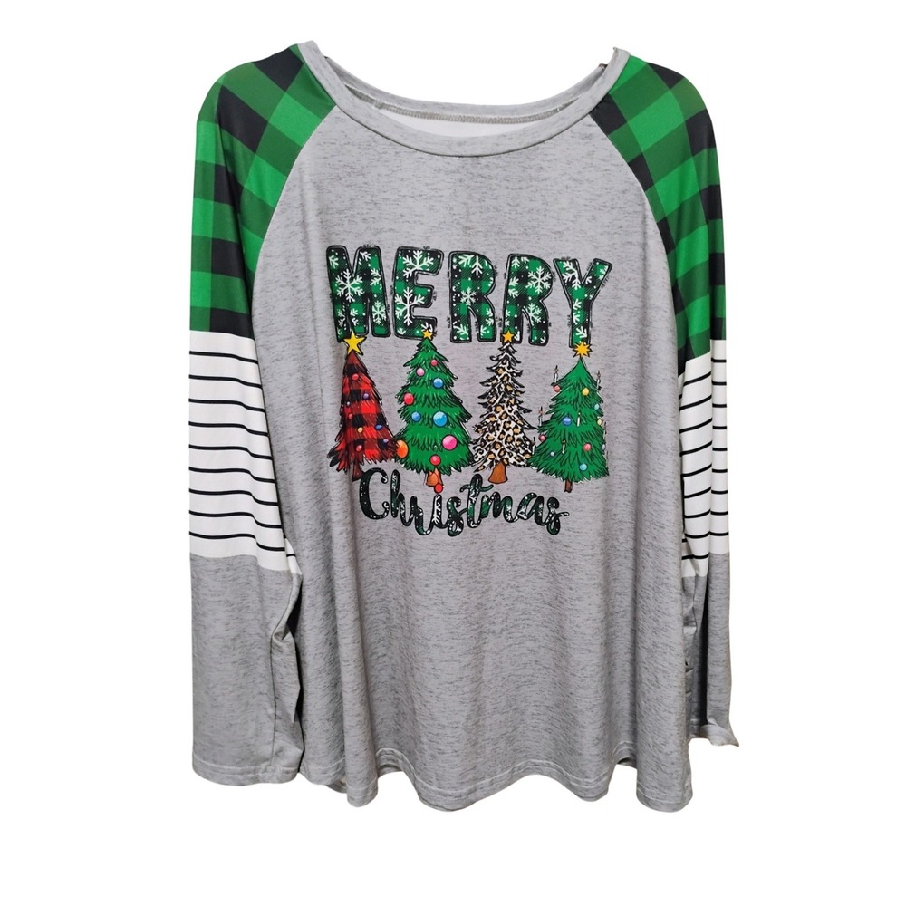 Shein Curve Womens 1XL Merry Christmas Top Buffalo Plaid Raglan Holiday Top